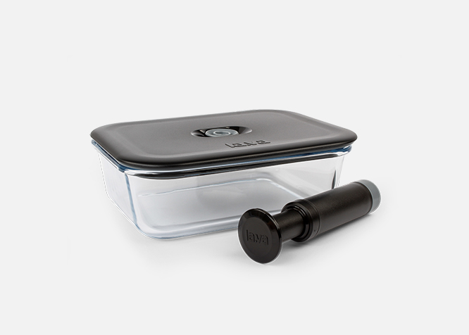 Vacuum container made of glass with a black lid