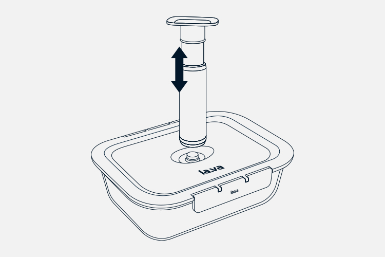 The diagram shows the pumping action of the manual vacuum pump on a G-Line container.