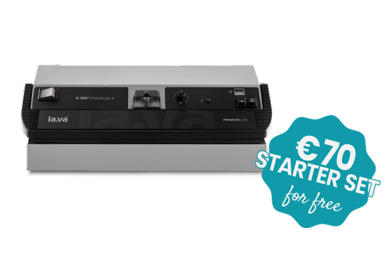 Free starter set with the purchase of a vacuum sealer consisting of vacuum bags, vacuum rolls, labels and permanent marker