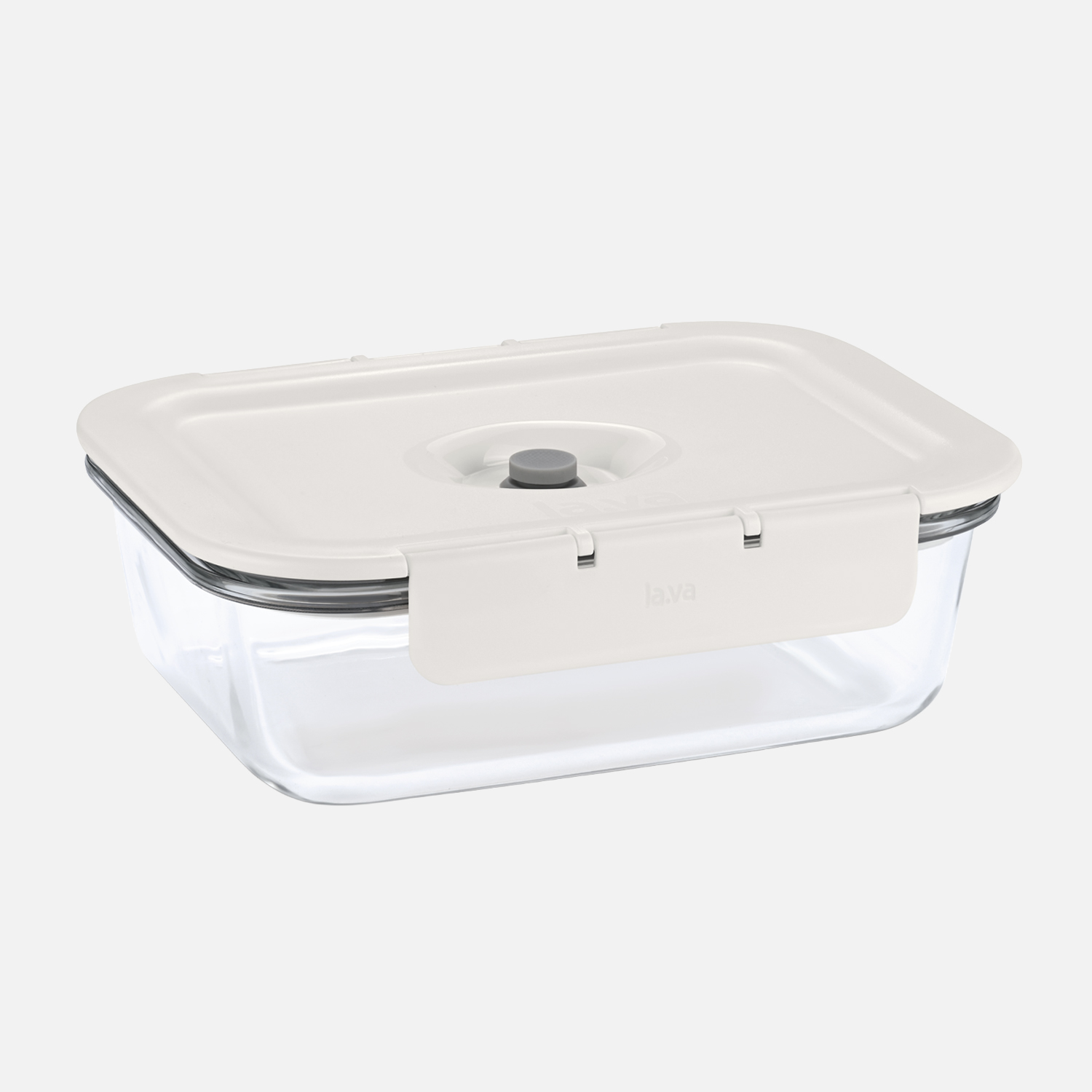 G-Line vacuum container with a warm white lid Lava glass container with a warm white vacuum-sealed lid – photographed at a slight angle