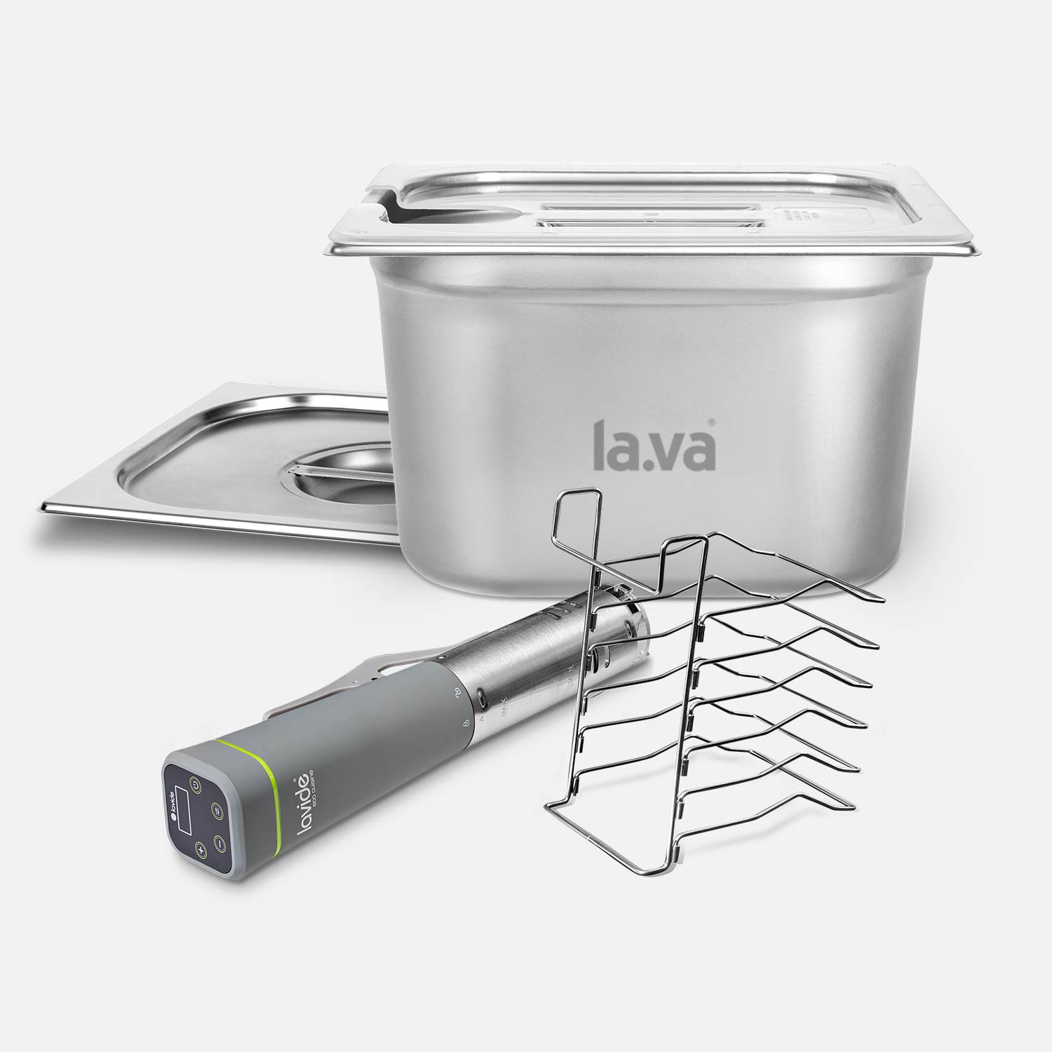 Sous-vide-set XXL stainless steel, consisting of a sous-vide stick, 12-liter stainless steel container with lid, plastic lid, bag holder, and insulation sleeve