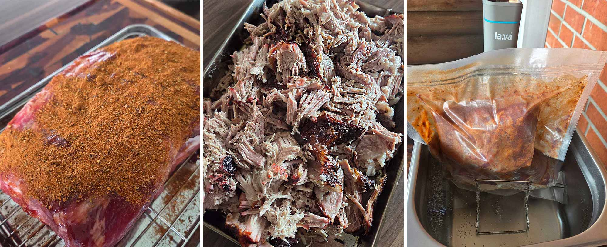 Dreiteilige Bildfolge der Pulled-Pork-Zubereitung mit gewürztem Fleisch, fertig gezupftem Pulled Pork und vakuumiertem Fleisch im Sous-Vide Becken.