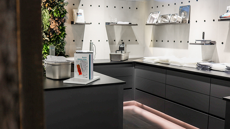 Sous-vide devices in the Lava showroom on the kitchen counter