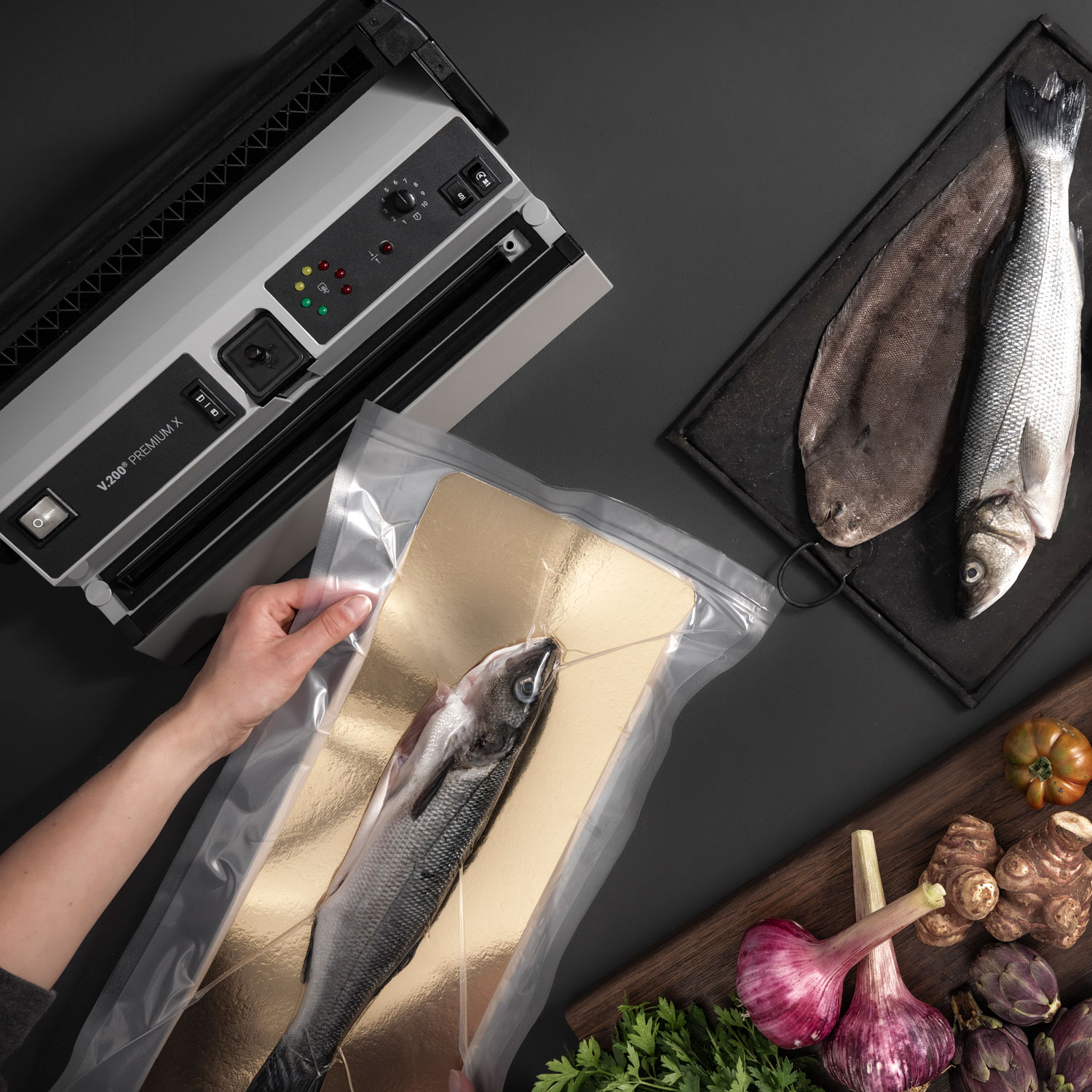 V.200 Premium X vacuum sealer with fish on salmon board in vacuum bag