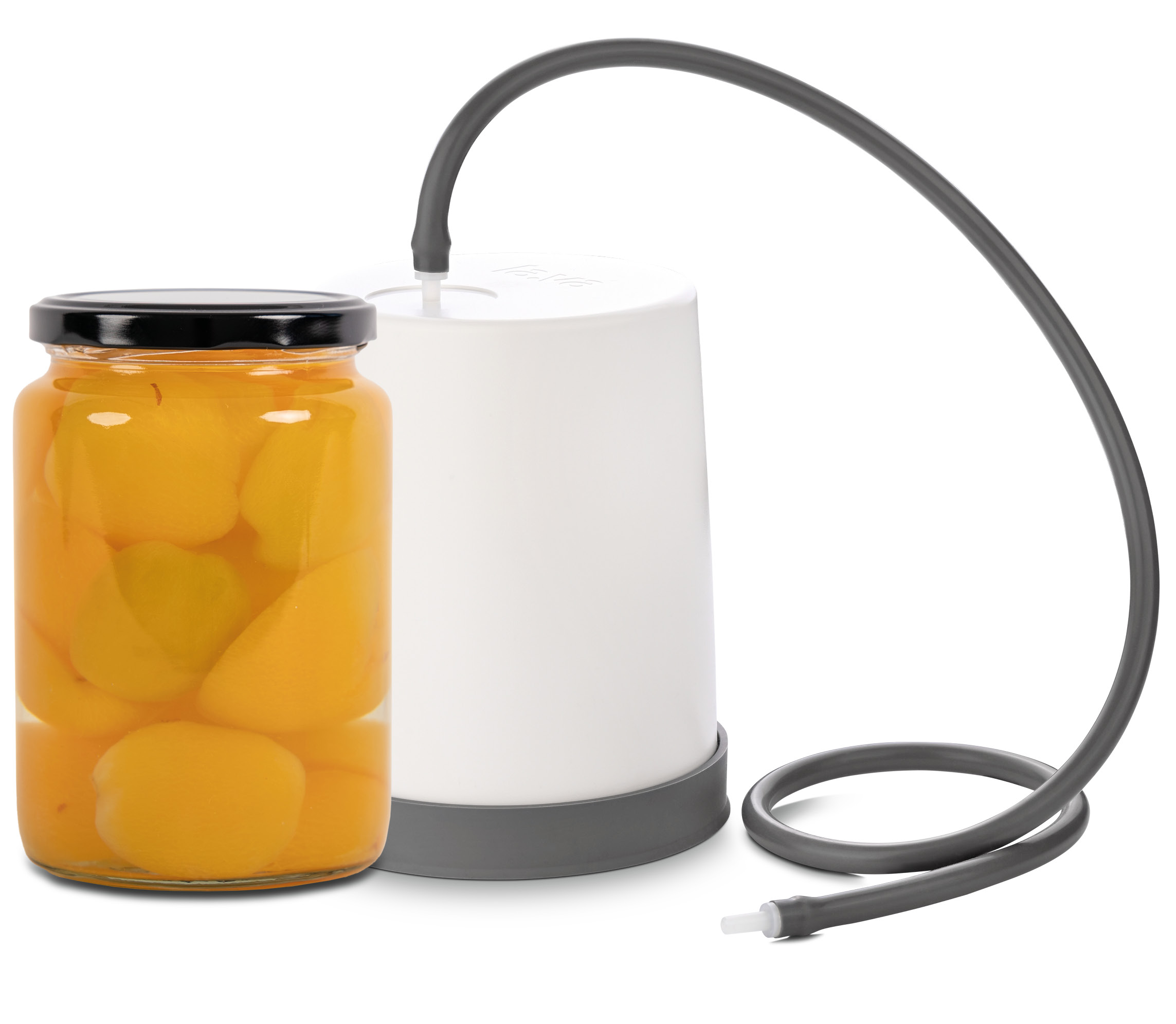 Einmachglas mit Aprikosen gefüllt und daneben Vakuumglocke