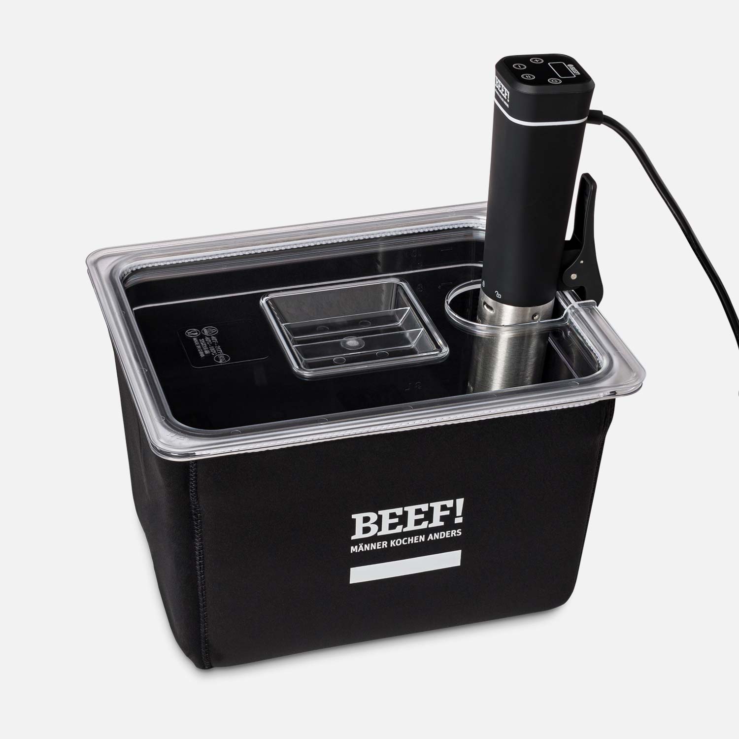 Sous-vide-set BEEF! Edition, consisting of sous-vide stick, 12-liter plastic basin with lid, insulation sleeve, and bag holder