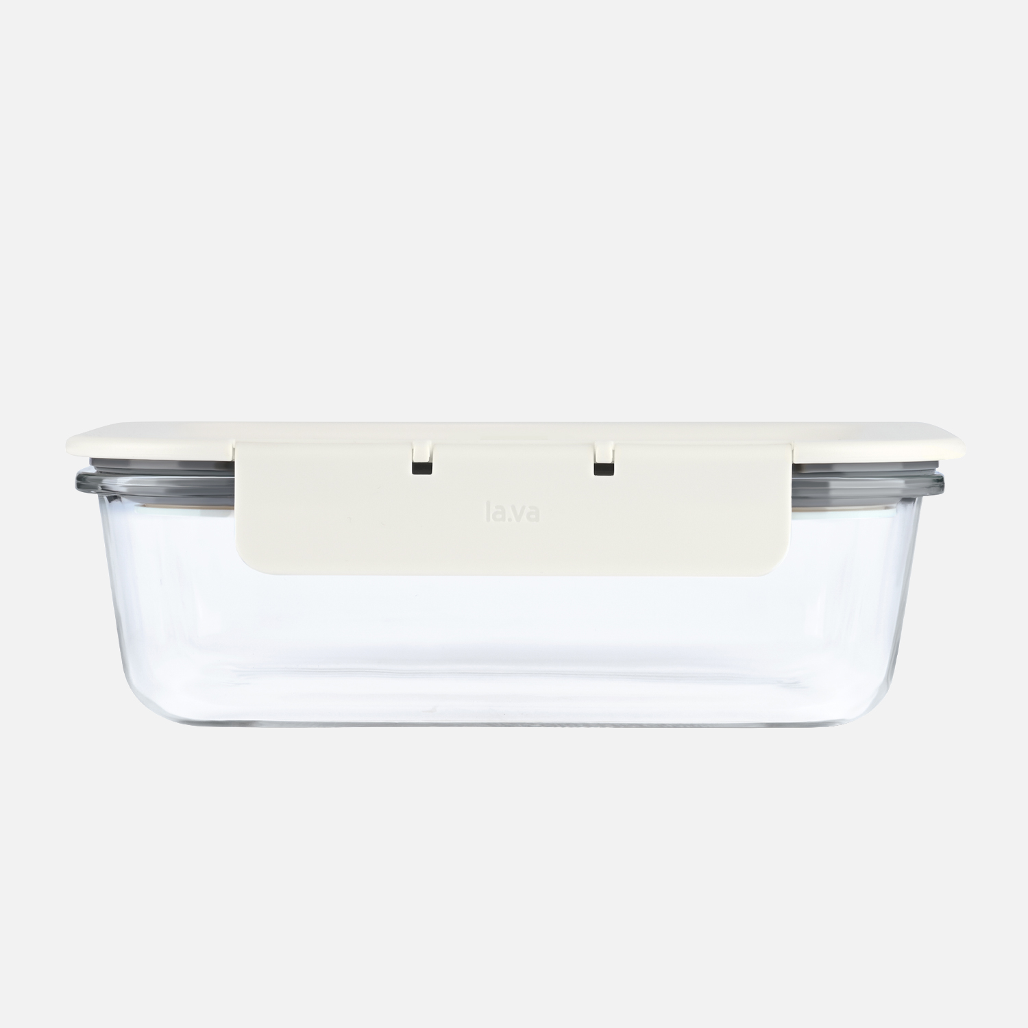 G-Line glass container with warm white lid – front view Front view of a glass vacuum container with an airtight warm white lid