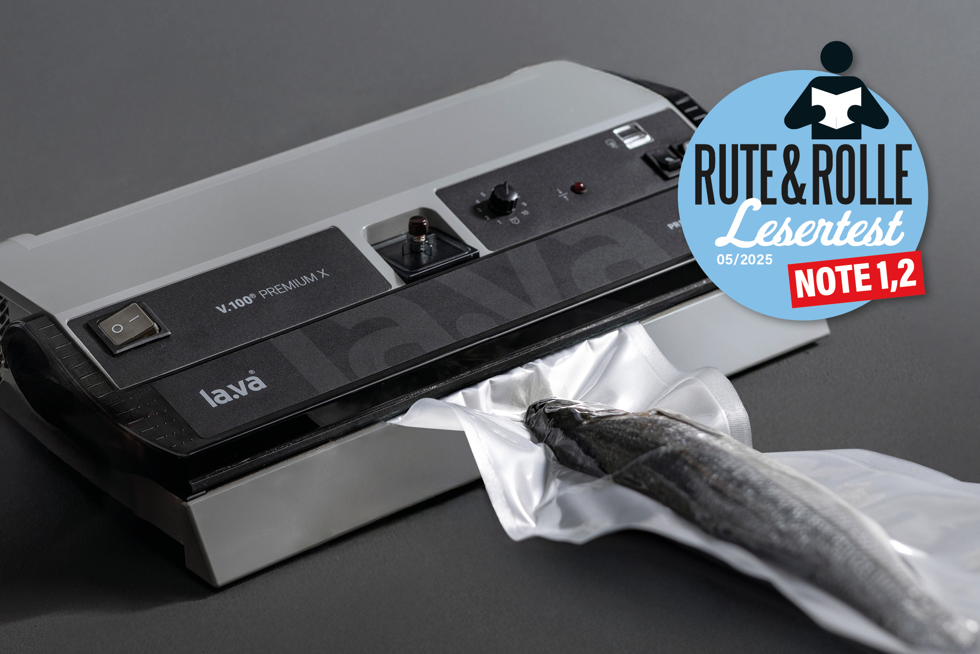 Lava V.100 Premium X vacuum sealer sealing a bag with fish