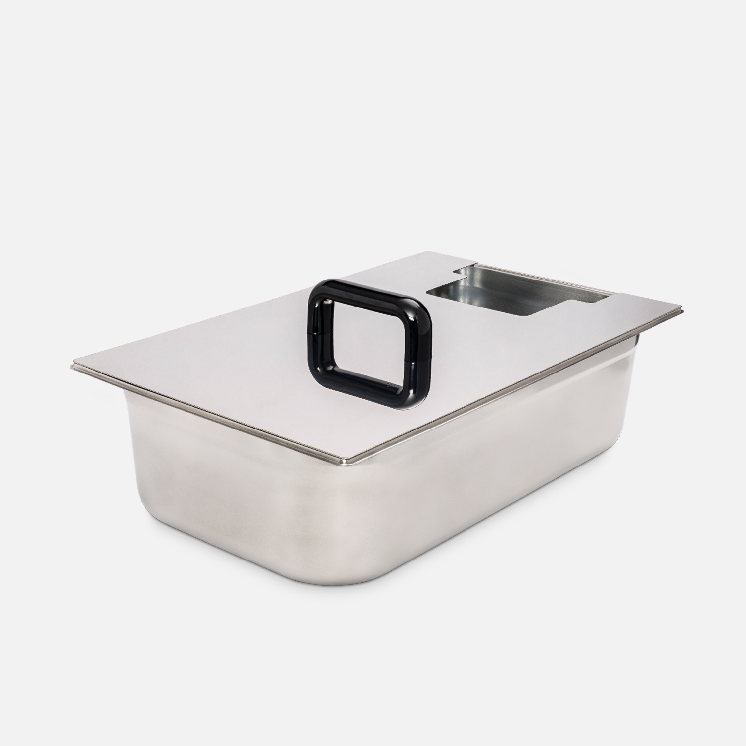 Sous-vide basin made of stainless steel with a lid, including a cutout for the LV.50 thermostat