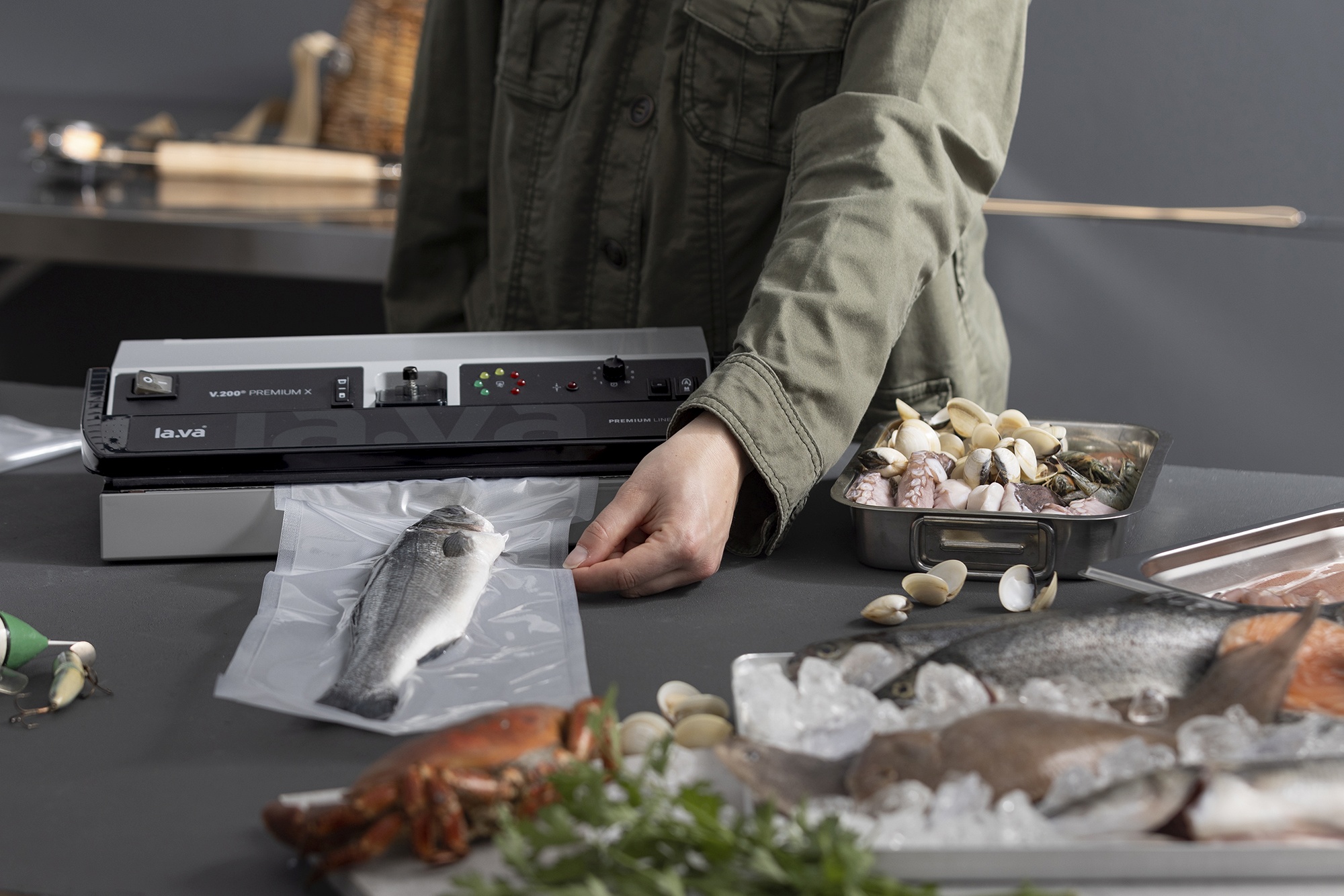 Fresh trout is vacuumed with a vacuum sealer