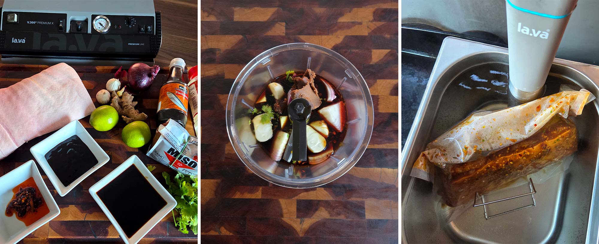A three-part photo collage showing how to prepare Asian-style pork belly: ingredients and sauces on a wooden board, marinade in a blender, and vacuum-sealed pork belly in a bain-marie.