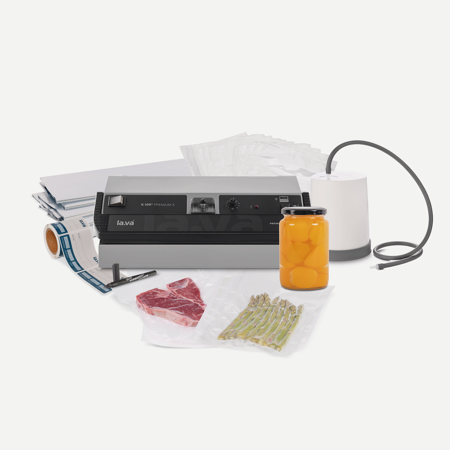 Care Bundle mit Vakuumiergerät V.100 Premium X, Vakuumbeuteln, Einmachgläsern, Etiketten, Permanentmarker und Vakuumglocke