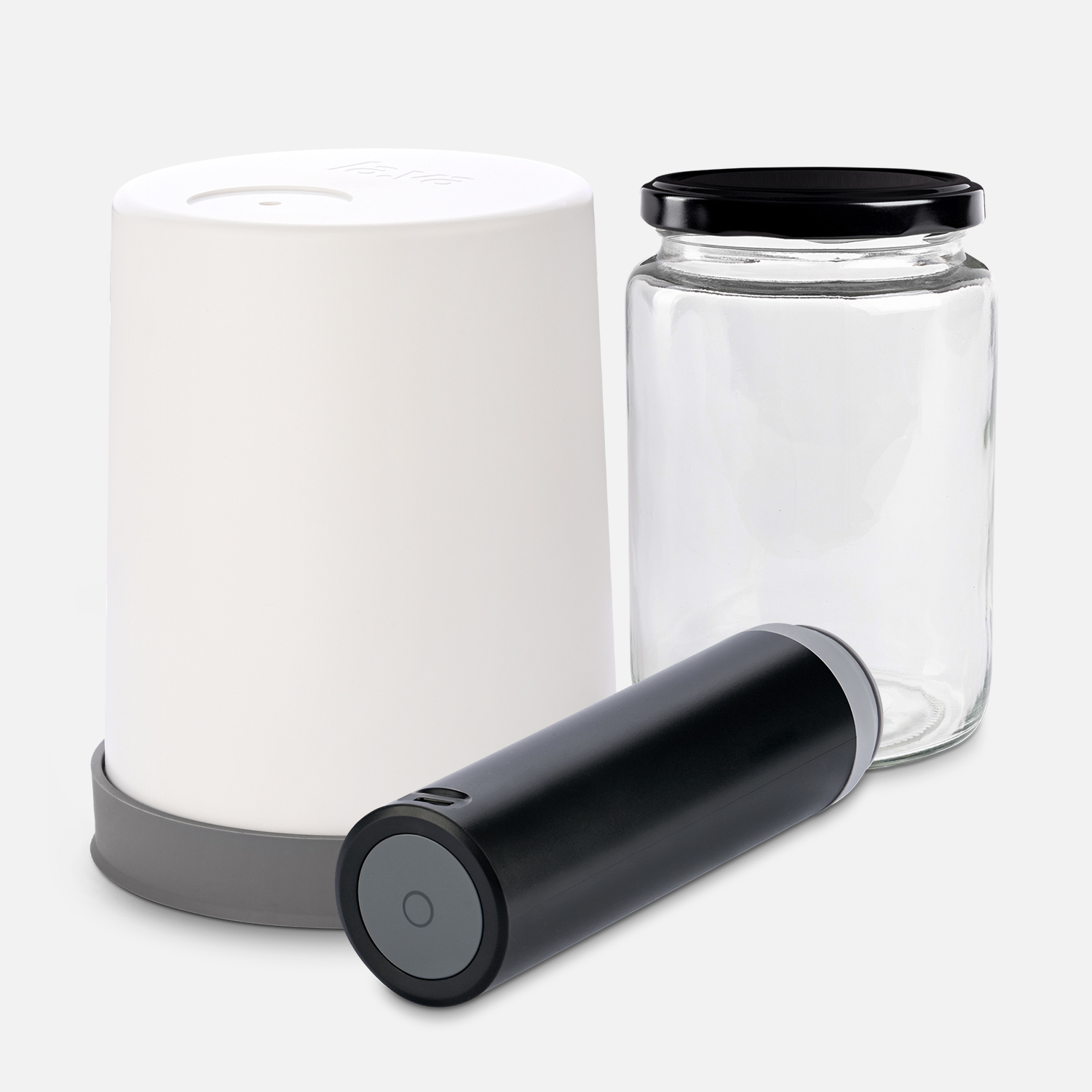 Flex vacuum jar sealer in white with a black electric vacuum pump and a clear preserving jar with a black lid.