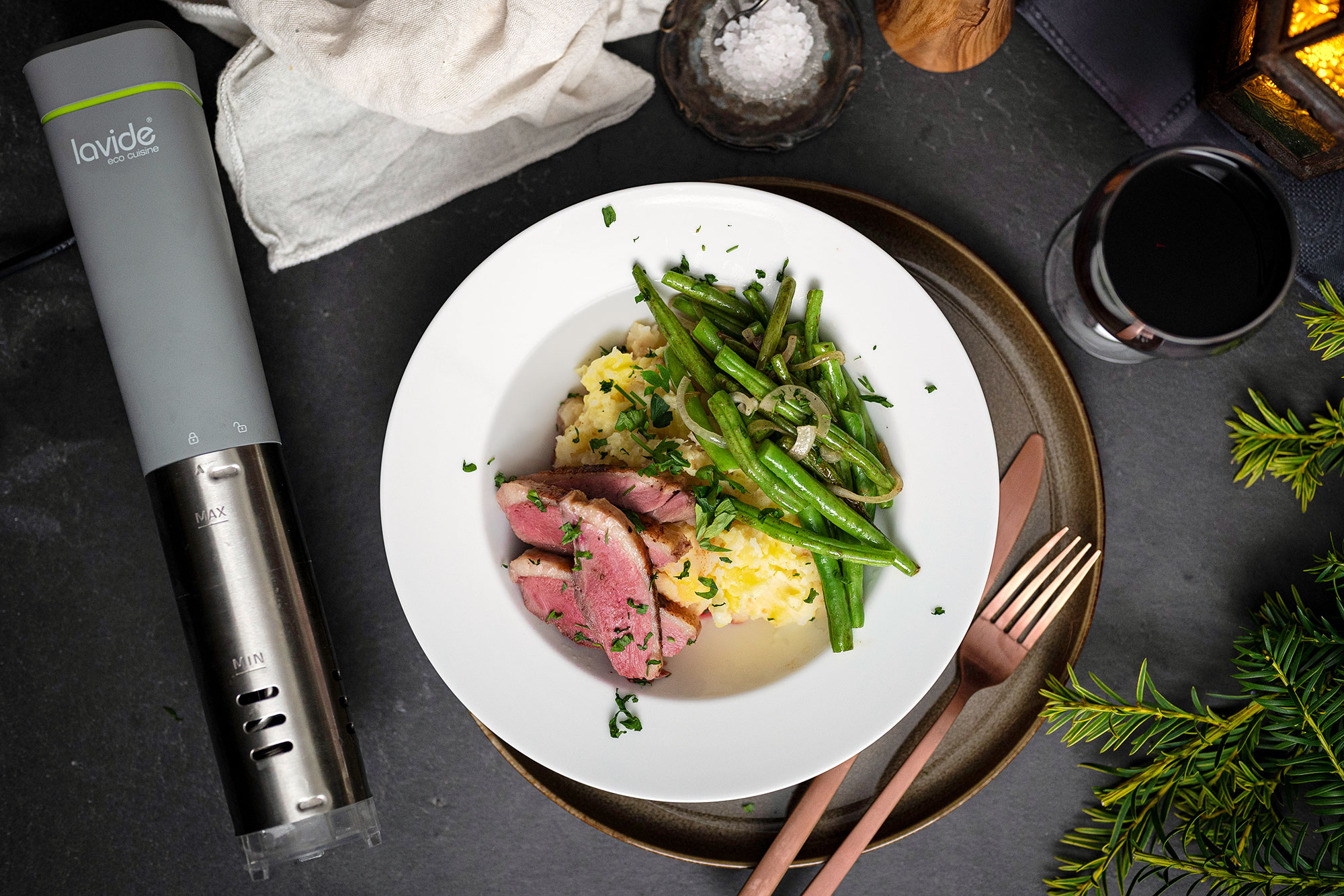 Sous-vide cooked duck breast with potato-celery mash and green beans as a side