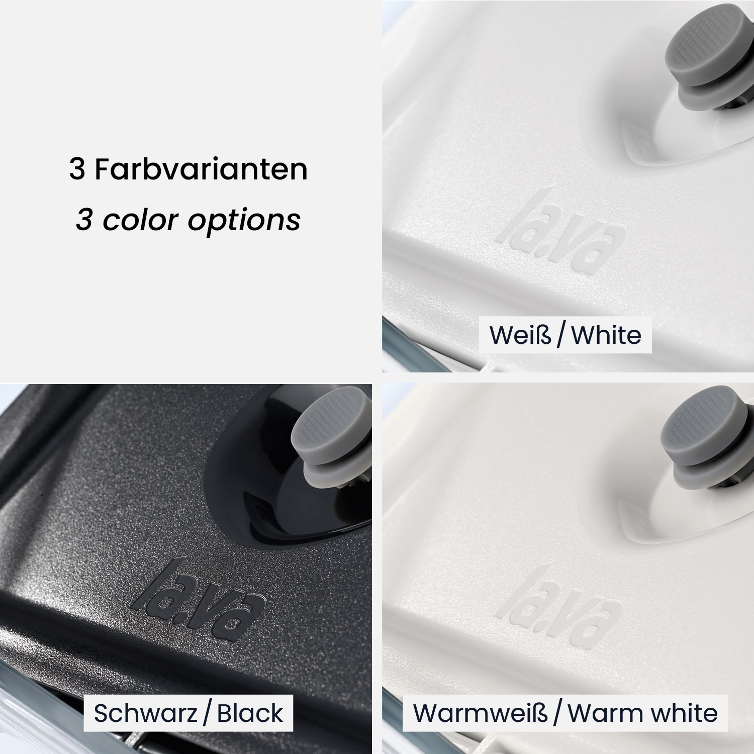 lava G-Line – 3 Farbvarianten: Weiß, Schwarz und Warmweiß lava G-Line in drei Farbvarianten: Weiß, Schwarz und Warmweiß – Detailansichten der Oberflächen.