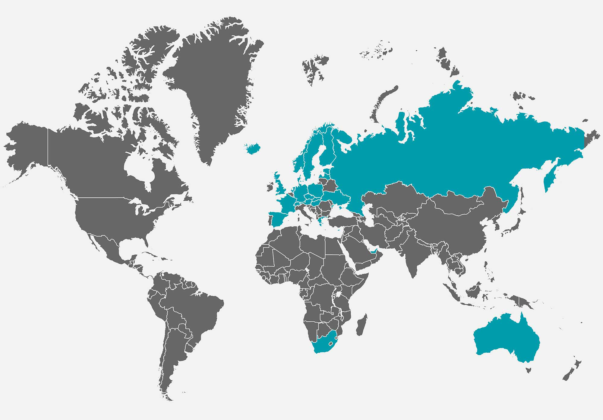 Weltkarte, wobei Länder mit Lava Händlern türkis markiert sind