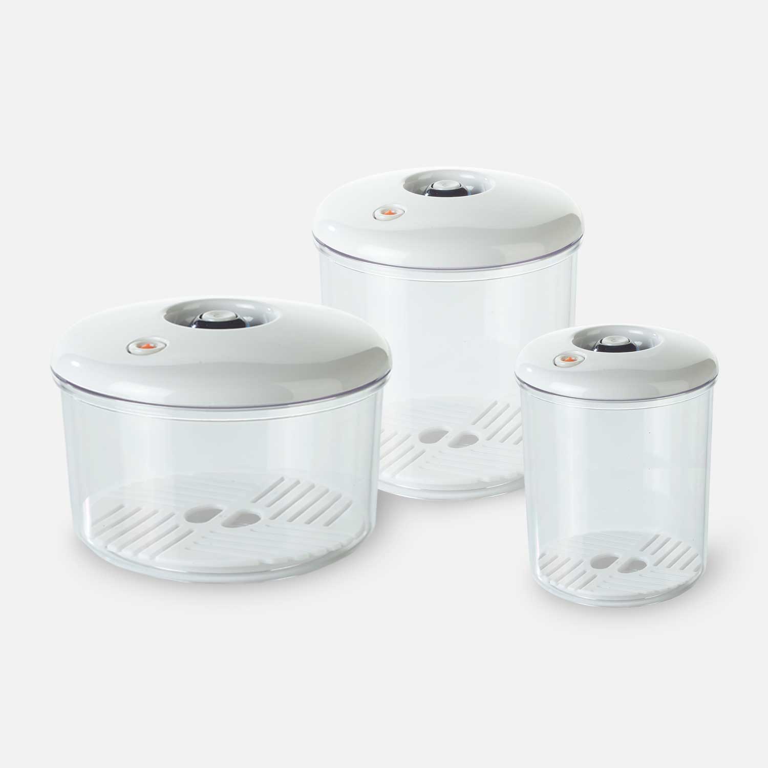 Round vacuum containers made of transparent plastic with a white lid - all available sizes