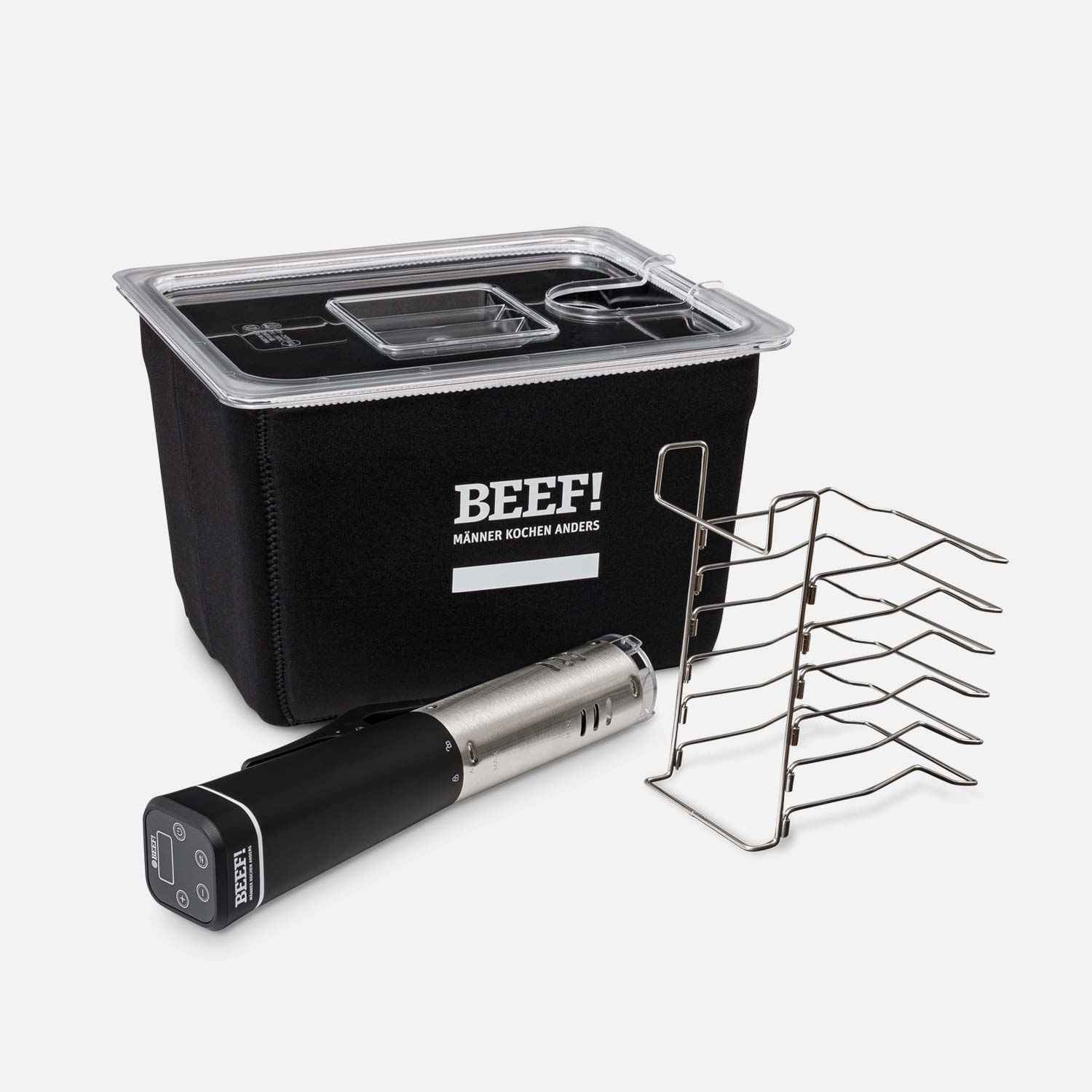 Sous-Vide-Set BEEF! Edition, bestehend aus Sous-Vide Stick, 12 Liter Kunststoffbecken mit Deckel, Isolationshülle und Beutelhalter