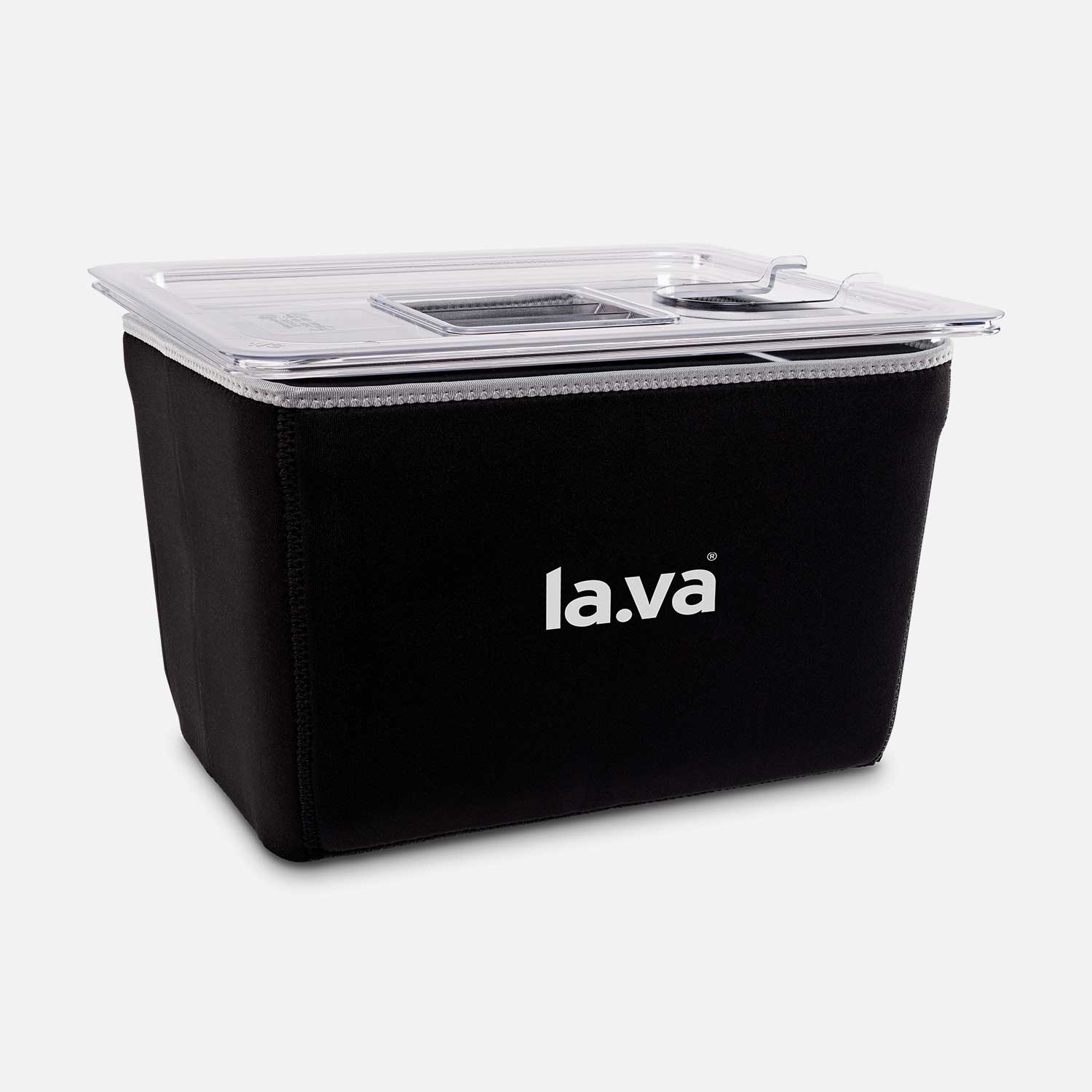 Black neoprene sous-vide insulation sleeve with Lava logo on the 12-liter basin