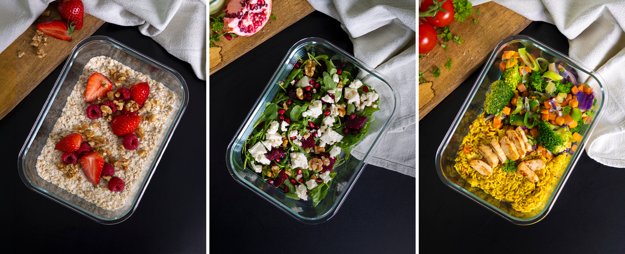 Drei G-Line Glasbehälter mit unterschiedlichen Gerichten: Frühstück mit Beeren, Reisgericht mit Gemüse und Hähnchen sowie frischer Salat