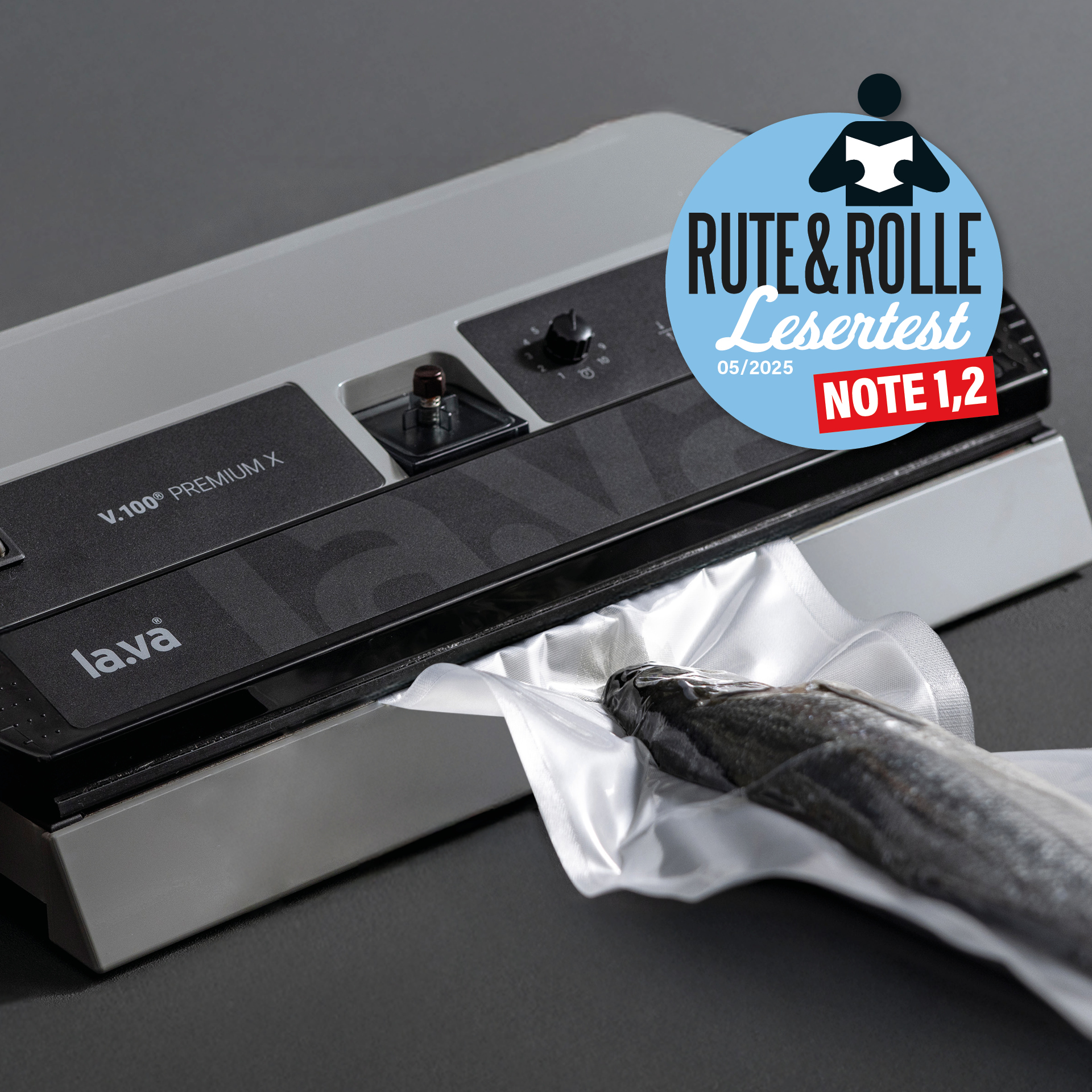 Lava V.100 Premium X vacuum sealer sealing a bag with fish