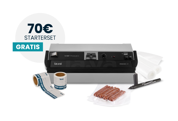 Gratis Startset bestehend aus Vakuumbeuteln, Vakuumrollen, Etiketten und Permanentmarker beim kauf eines Vakuumiergerätes