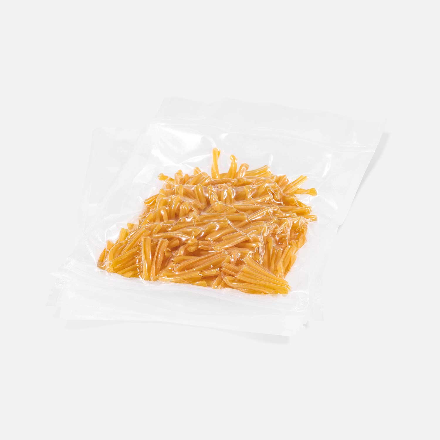 Structured transparent vacuum bag with zip closure, vacuum-sealed with noodles