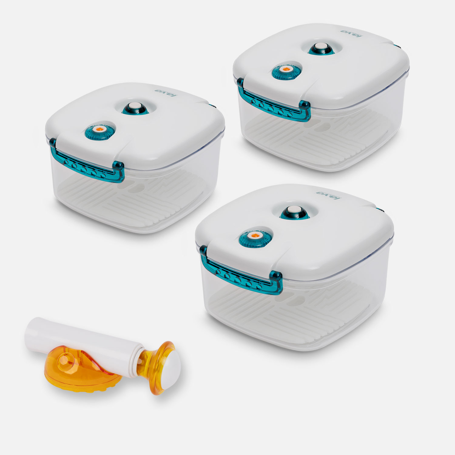 New-line square vacuum container made of transparent plastic with a white lid - Set with hand pump