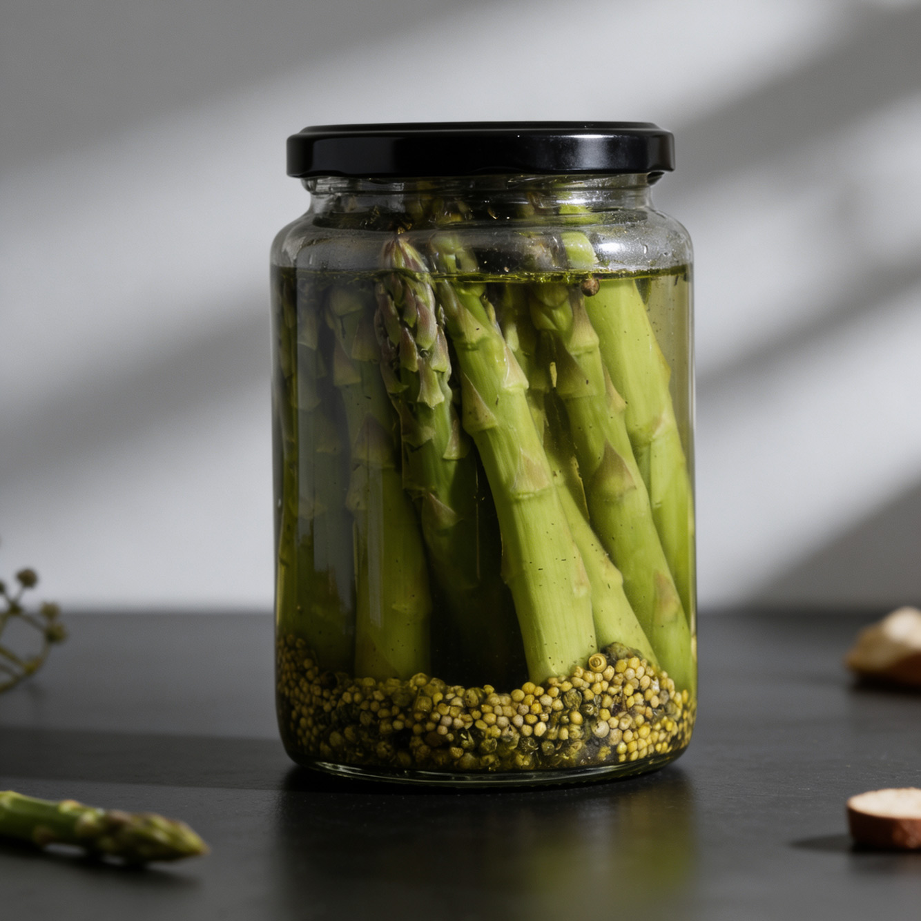 Grüner Spargel ist zusammen mit verschiedenen Gewürzen in einem Einmachglas eingelegt.