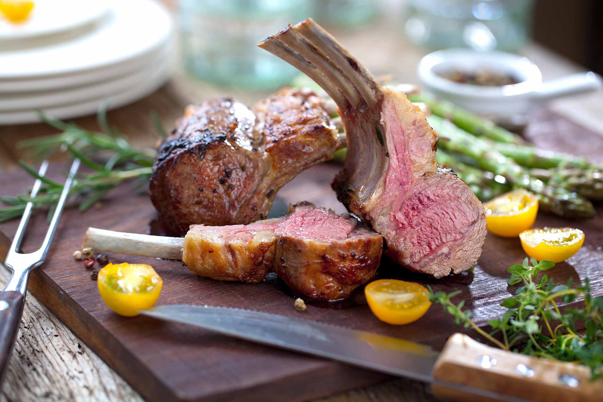 Tender sous-vide cooked lamb ribs with asparagus