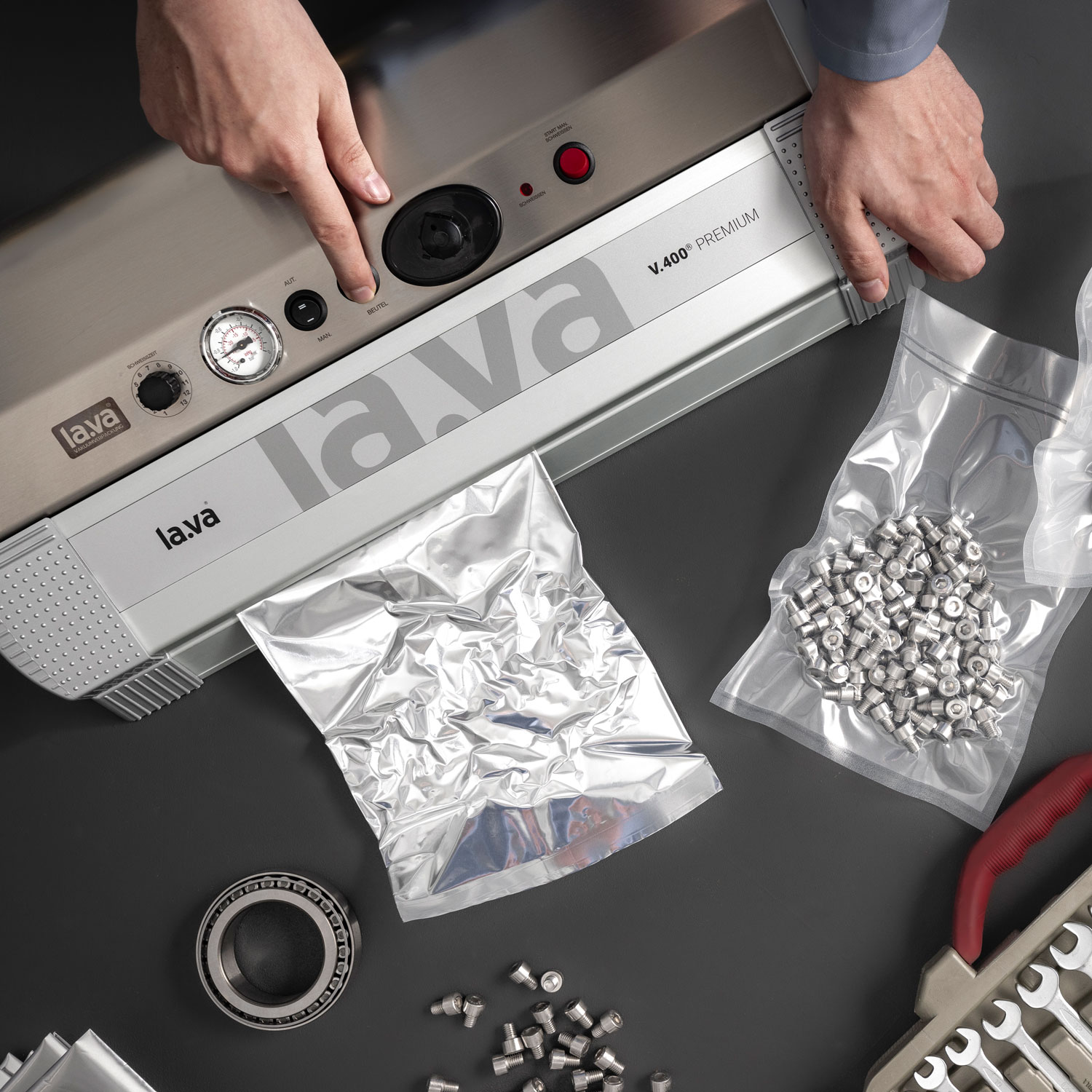 Silver vacuum bag is used to vacuum-seal industrial parts